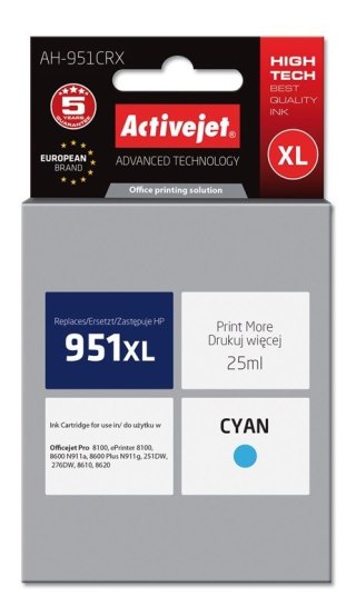 Activejet Activejet AH-951CRX Tusz (zamiennik HP 951XL CN046AE; Premium; 25 ml; niebieski)