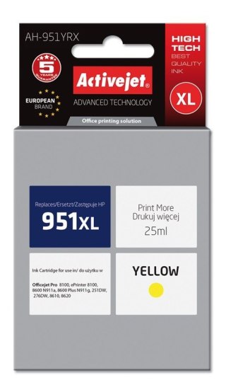 Activejet Activejet AH-951YRX Tusz (zamiennik HP 951XL CN048AE; Premium; 25 ml; żółty)