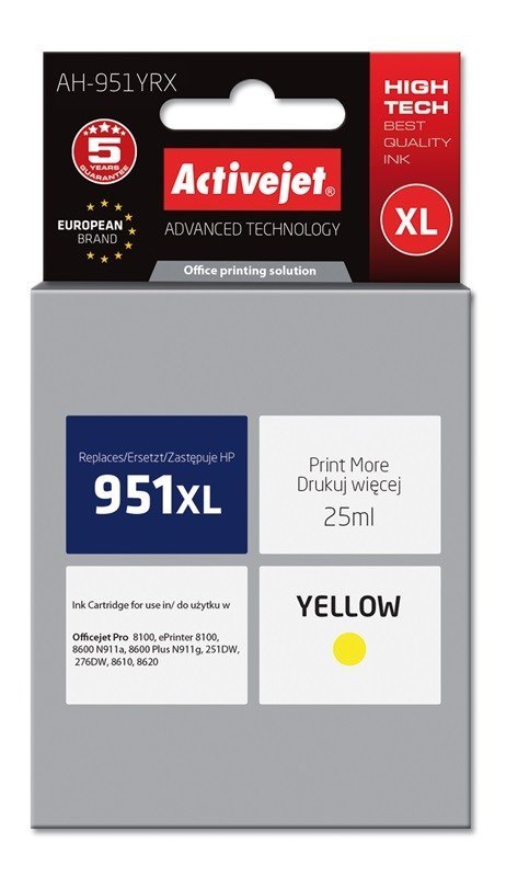 Activejet Activejet AH-951YRX Tusz (zamiennik HP 951XL CN048AE; Premium; 25 ml; żółty) Activejet Activejet AH-951YRX Tusz (zamiennik HP 951XL CN048AE; Premium; 25 ml; żółty)