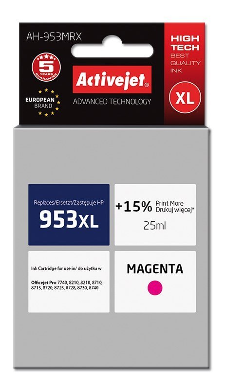 Activejet Activejet AH-953MRX Tusz (zamiennik HP 953XL F6U17AE; Premium; 25 ml; czerwony) Activejet Activejet AH-953MRX Tusz (zamiennik HP 953XL F6U17AE; Premium; 25 ml; czerwony)