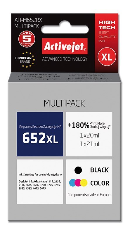 Activejet Activejet AH-M652RX Tusz (zamiennik HP 652 F6V25AE/F6V24AE; Premium; 1 x 20 ml, 1 x 21 ml; 1580 stron, czarny, kolor) Activejet Activejet AH-M652RX Tusz (zamiennik HP 652 F6V25AE/F6V24AE; Premium; 1 x 20 ml, 1 x 21 ml; 1580 stron, czarny, kolor)