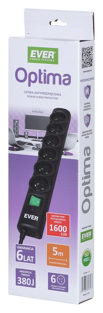 Ever Listwa przeciwprzepięciowa Ever OPTIMA 5,0m (6 x UTE; 10 A; kolor czarny) (T/LZ08-OPT050/0000)