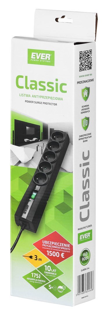 Ever Listwa antyprzepięciowa Ever Classic 3,0m (5 x UTE; 10 A; kolor czarny) (T/LZ09-CLA030/0000)