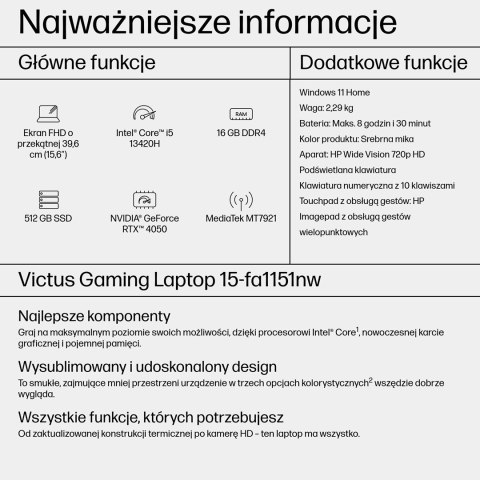 Hewlett-Packard HP Victus 15-fa1151nw i5-13420H 15,6"FHD AG IPS 144Hz 16GB SSD512 RTX 4050_6GB BLKB 70Wh Win11 2Y Mica Silver