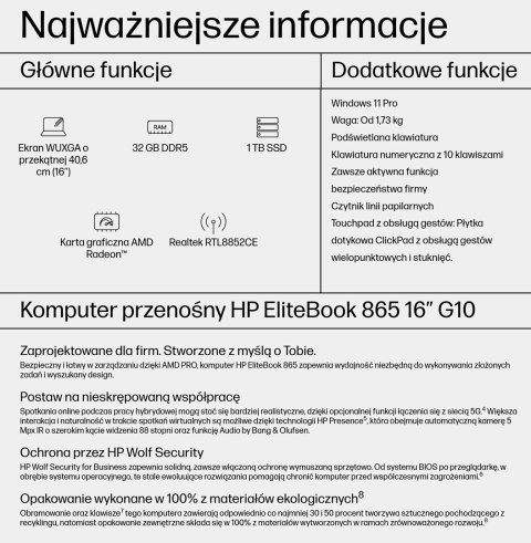 Hewlett-Packard HP EliteBook 865 G10 Ryzen 9 Pro 7940HS 16"WUXGA IPS 1000nits AG 32GB DDR5 SSD1TB Radeon 780M 76Wh W11Pro