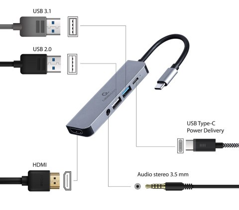 GEMBIRD GEMBIRD MULTI ADAPTER USB TYP-C 5W1 (HUB + HDMI + PD + DŹWIĘK STEREO) SREBRNY GEMBIRD GEMBIRD MULTI ADAPTER USB TYP-C 5W1 (HUB + HDMI + PD + DŹWIĘK STEREO) SREBRNY
