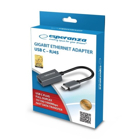 Esperanza ESPERANZA GIGABIT ETHERNET 1000 MBPS ADAPTER USB C-RJ45 ENA102 Esperanza ESPERANZA GIGABIT ETHERNET 1000 MBPS ADAPTER USB C-RJ45 ENA102