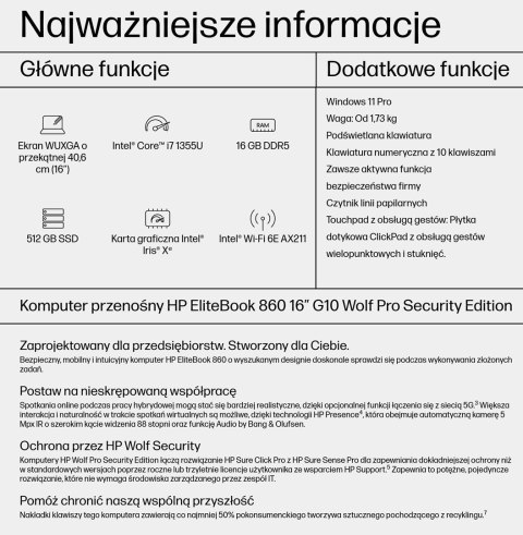 Hewlett-Packard HP EliteBook 860 G10 i7-1355U 16"WUXGA 250nits AG 16GB DDR5 SSD512 Iris Xe 76Wh W11Pro